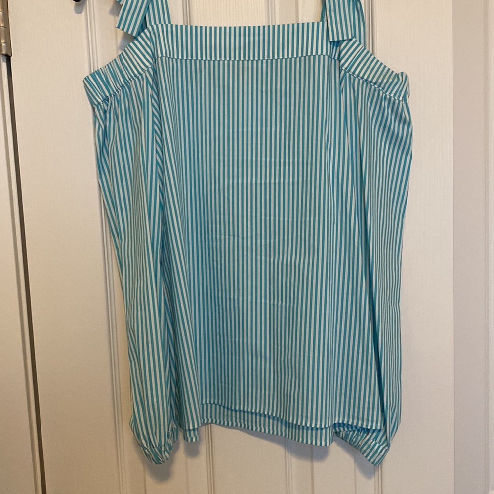 Michael Kors Aqua / White Striped, Peep Shoulder Blouse - Picture 6 of 7